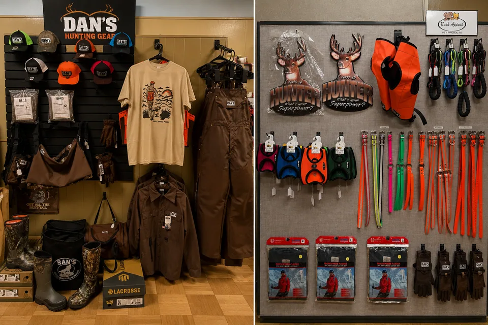 Dan's Hunting Gear apparel wall beside the Bark Appeal pet-gear display of collars, harnesses, and leashes