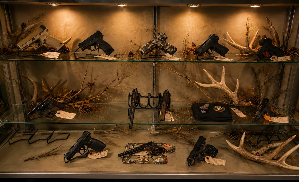 Glass display case of handguns and revolvers, styled with antlers and pinecones under warm light