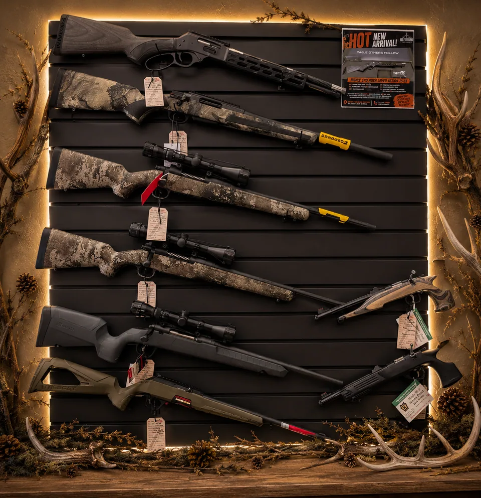Rifles and lever-action long guns on the LED-lit slat wall at Holy Ground Outdoors