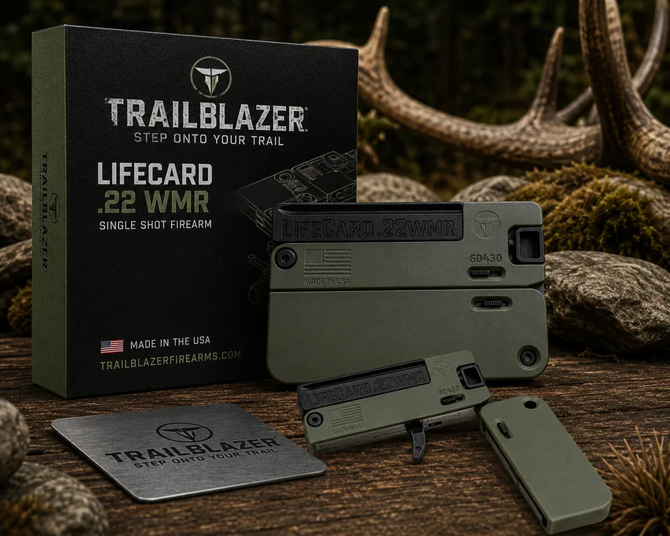 Trailblazer LifeCard .22 WMR single-shot firearm with its packaging on rustic wood